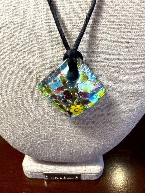 Murano Glass Millefiori Dichroic Square Pendant Necklace VS Artisan Blue Floral - Picture 1 of 9